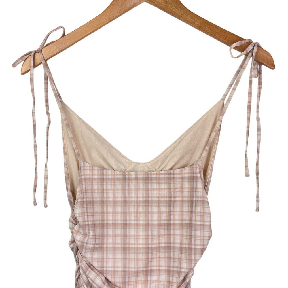 Wilfred Tan Plaid Tie Spaghetti Strap Ruched Side V-Neck Lined Bodycon Dress - Picture 4 of 8